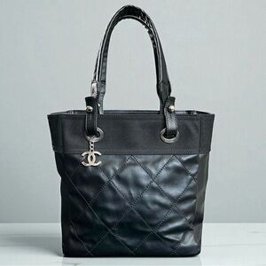Chanel Biarritz Black Quilted Leather & Fabric Tote Bag